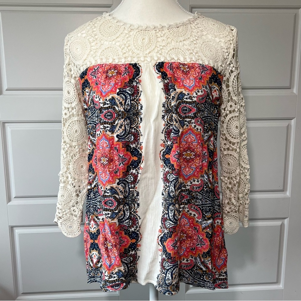 Lace Sleeve‎ Tunic Top Floral Print Bohemian Style Blouse